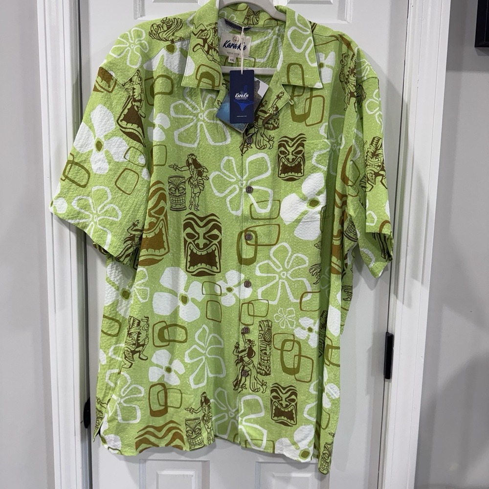 KaraKu Retro Hawaiian Shirt Mens XXL Green Tiki Seersucker Camp NWT